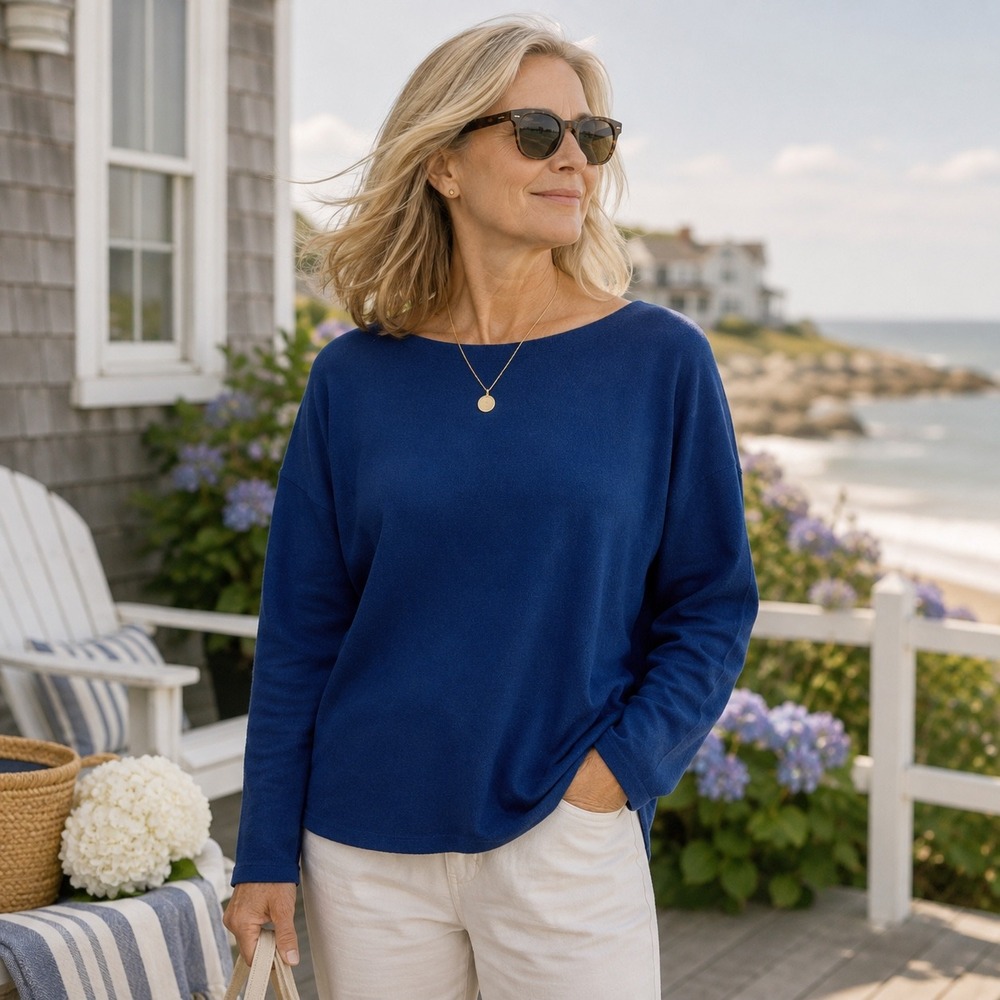 Vince Women's XS Blue Long Sleeve Boat Neck Knit Top Relaxed Fit Casual